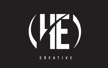 HE H E White Letter Logo Design with Black Background.