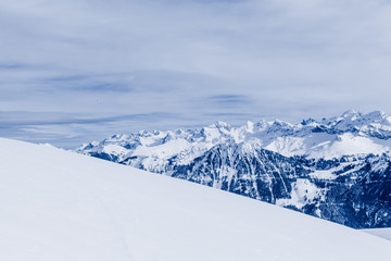 Fototapeta na wymiar Alpine Alps mountain landscape. Panorama of Snow Mountain