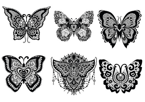 six butterflies zendoodle design for design element,t shirt design,printed product and both adult and kids coloring book page for anti stress. Vector illustration