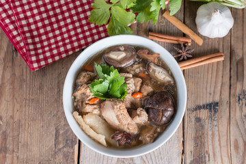 Braised pork ribs chinese medicine. Top view.