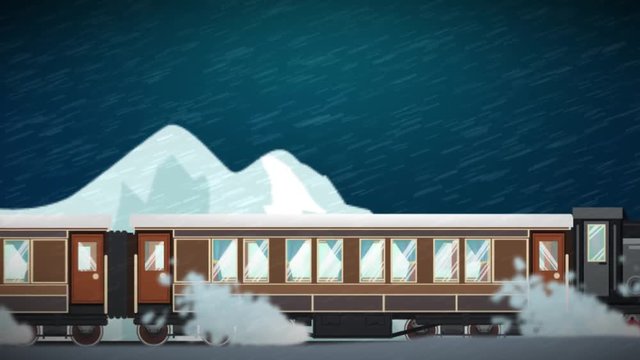 Seamless animation of cartoon train running through various climate landscape and season in winter, rainy, snowy, sunny and cloudy scene atmosphere in travel transportation journey concept in 4k loop