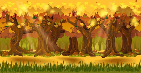  Panorama cartoon autumn forest background. Seamless parallax for 2D arcade video game. Glade of green grass and mushrooms, trees with yellow leaves. Vector illustration © annagarmatiy
