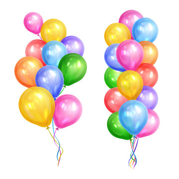 Bunches of colorful helium balloons isolated on white background. Party decorations for birthday, anniversary, celebration. Vector illustration.