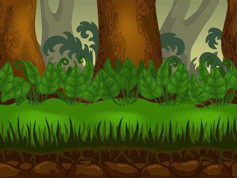 Horizontal cartoon background of forest. Seamless parallax for 2D arcade computer game. Summer or spring landscape with a sunny meadow of green grass and large-leaved plants close-up. Vector 