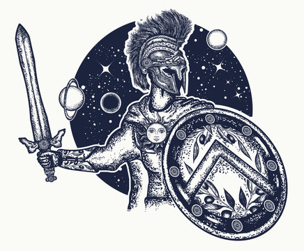 Spartan warrior holding sword and shield tattoo art. Legionary of ancient Rome. Symbol of bravery, force, army, hero. Spartan warrior t-shirt design