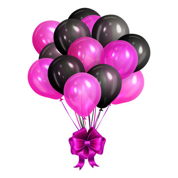 Bunch of realistic black and pink helium balloons isolated on white background. Party decorations for birthday, anniversary, celebration. Vector illustration.
