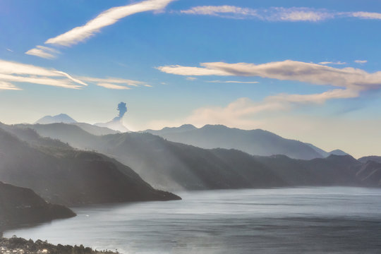 Landscape view at the volcanic mountains over lake Atitlan in Guatemala.
