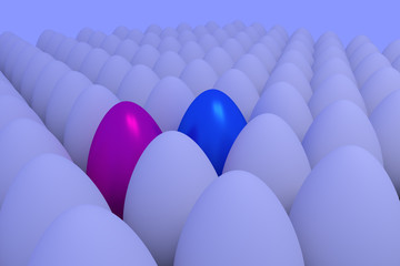 Individualität in der Masse: zahlreiche Eier in leicht bläulichem Umgebungslicht, die auf einer hellbraunen Fläche stehen