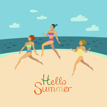 Three Girls In Bikini Having Fun, Part Of Friends In Summer On The Beach Vector Illustrations
