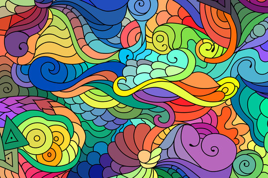 Colorful zentangle doodle background. Tattoo sketch. Ethnic tribal wavy vector illustration.