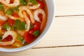 Soup of fresh vegetables with shrimps