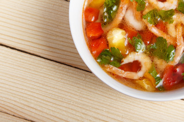 Soup of fresh vegetables with shrimps