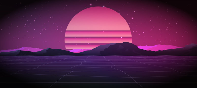 80s Retro Sci-Fi Background with Sunrise or Sunset. Vector futuristic synth retro wave illustration in 1980s posters style.  Vector Illustation,
