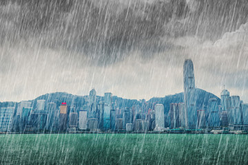 Victoria harbour with falling rain, Hong Kong