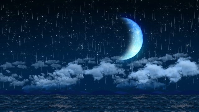     Seamless 3d animation of night sky with clouds and falling star light and crescent moon. Blue sea scene background in fantasy dreamy concept for screen saver or relaxation music 