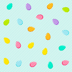 Vector seamless blue diagonal line pattern with colorful eggs. Easter holiday background for web backdrop, printing on fabric, paper for scrapbooking, gift wrap.