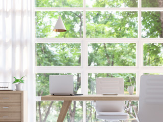 Modern white working room 3d rendering image.There are large window overlooking to nature and forest