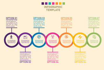 Business timeline progress chart presentation template with 7 stages and place for text