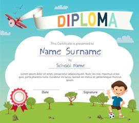 Colorful kids summer camp diploma certificate template in cartoon style with boy and a soccer ball