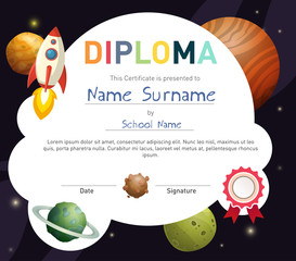 Science themed children diploma certificate template with rocket and cute planets