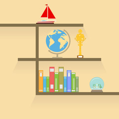 Bookshelf with globe and a gold cup