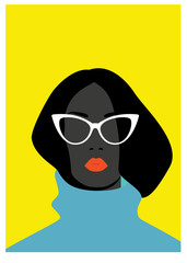 Black woman wearing cat eye shape glasses. Vector illustration