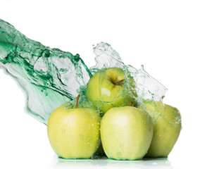 Fototapeta na wymiar Water splash with apple and lime isolated on white background. Splash motion with fruits. Abstract object 