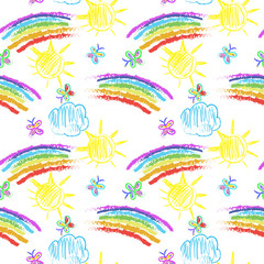 Fototapeta na wymiar Kids Doodles Seamless Pattern with rainbow 