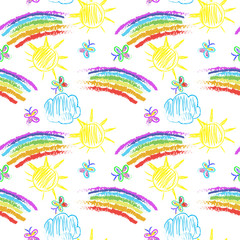 Kids Doodles Seamless Pattern with rainbow
