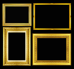 Gold vintage picture and photo frame isolated on black background