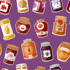 Glass jar with with jam configure or honey vector illustration packaging seamless pattern.