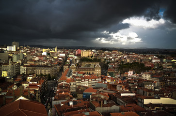 Panorama aerial view to Porto at sunset, Portugal