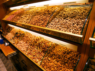Shelf of nuts on sell at spice market, Istanbul, Turkey