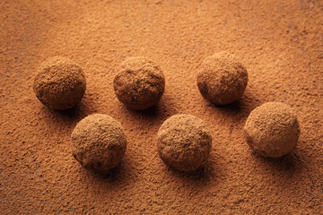 Chocolate truffle,Truffle chocolate candies with cocoa powder.Homemade fresh energy balls with chocolate.Gourmet assorted truffles made by chocolatier.Chunks of chocolate and coffee beans