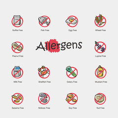 Set of allergens icons isolated on light background. Contains such icons as fish, egg, peanut, milk, sesame and more.