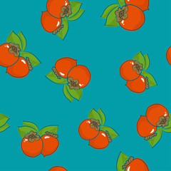 Seamless Pattern of Persimmon , Fruit on Azure Background, Vector Illustration