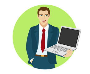 Businessman holding laptop notebook