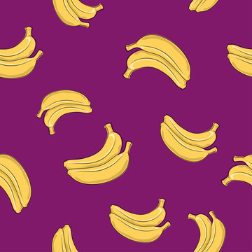Seamless Pattern of Banana ,Tropical Fruit on Dark Lilac Background, Vector Illustration
