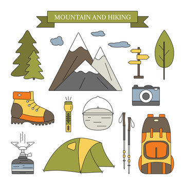 Hiking and outdoor elements set. Camping equipment for mountain trip. Travel concept for infographics, flyers, cards, banners, web and mobile applications. Vector icons with open paths.
