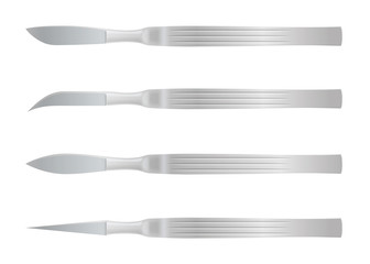 Realistic Scalpel Blade set. Medical instruments. Metallic Surgery equipment. Isolated vector.