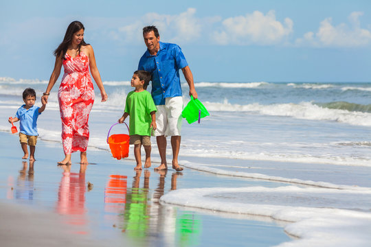 Mother Father Parents Boy Children Family Beach Fun