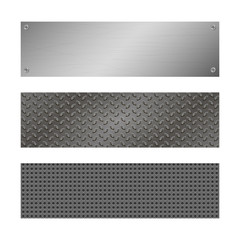 Techno vector banners. Perforated Metal background with plate and rivets. Metallic grunge texture. Brushed Steel, iron, aluminum surface. Abstract gray template for web Engineering, construction theme