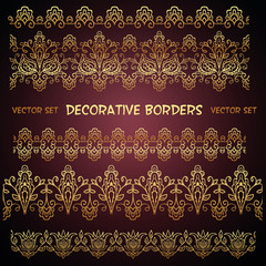 Golden decorative floral lace ethnic borders. Can be used for backgrounds, packaging, invitations,vintage cards, wrapping paper. Vintage design seamless elements