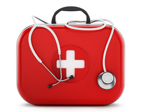 Stethoscope standing on first aid kit. 3D illustration
