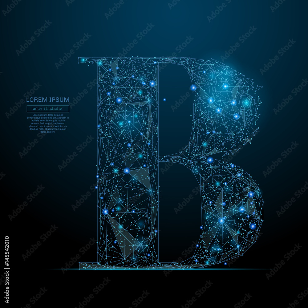 Poster abstract image of the letter b with diagram of a starry sky or space, consisting of points, lines, a