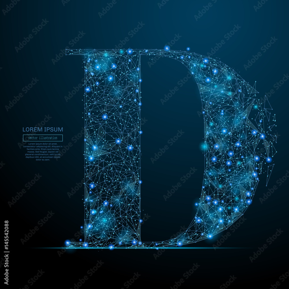 Poster abstract image of the letter d of a starry sky or space, consisting of points, lines, and shapes in 