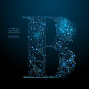 Abstract image of the letter B with diagram of a starry sky or space, consisting of points, lines, and shapes in the form of planets, stars and the universe. Vector business
