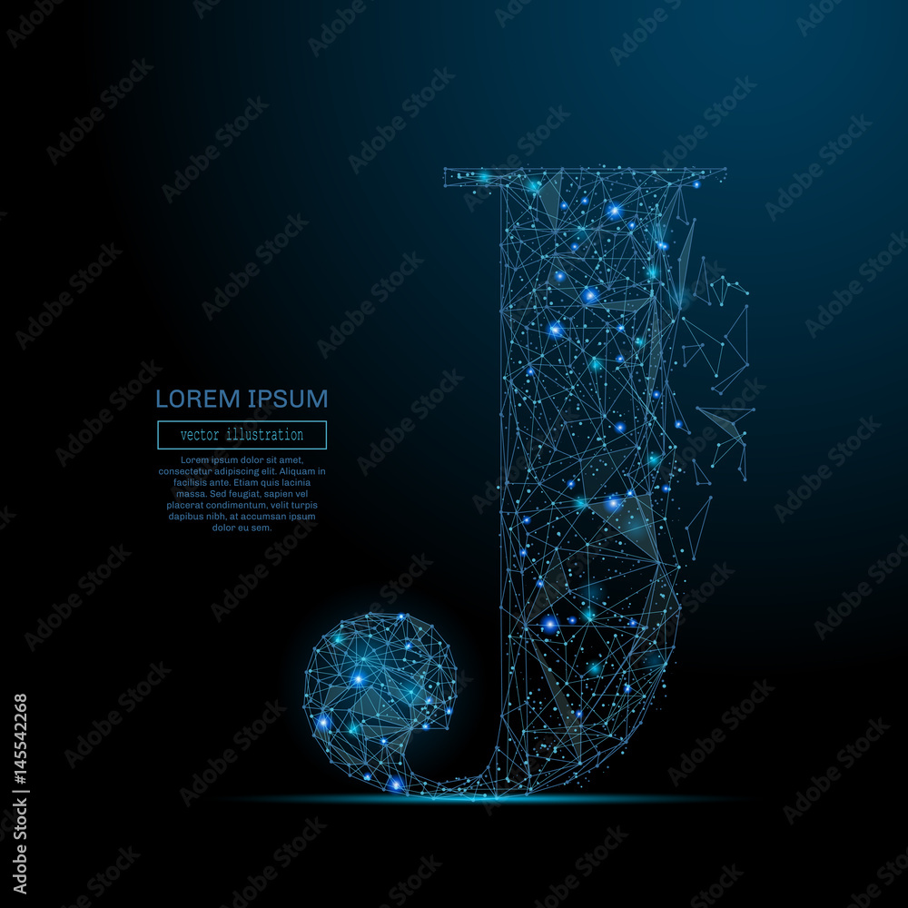 Poster abstract image of the letter j of a starry sky or space, consisting of points, lines, and shapes in 