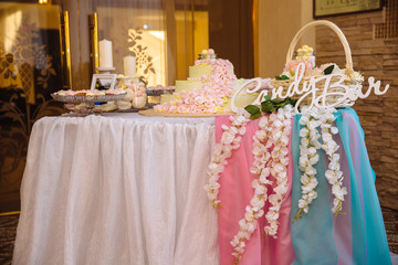 Candy bar. Table with sweets, candies, dessert