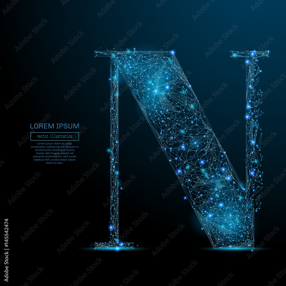 Poster abstract image of the letter n of a starry sky or space, consisting of points, lines, and shapes in 